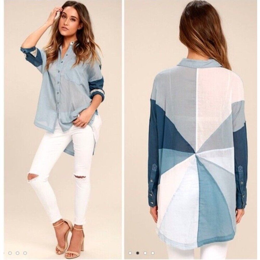 Free People Womens S Blue Rainbow Rays Shirt Button Up Oversized Colorbock Woven